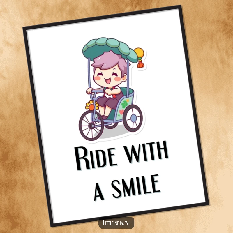 Funny poster art of a character with a beaming, playful grin, riding a vibrantly decorated rickshaw in a fun scene.