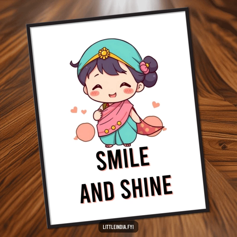 Funny Poster print of a cute character in a tiny sari happily exchanging smiles, creating a joyful atmosphere, a great funny gift.