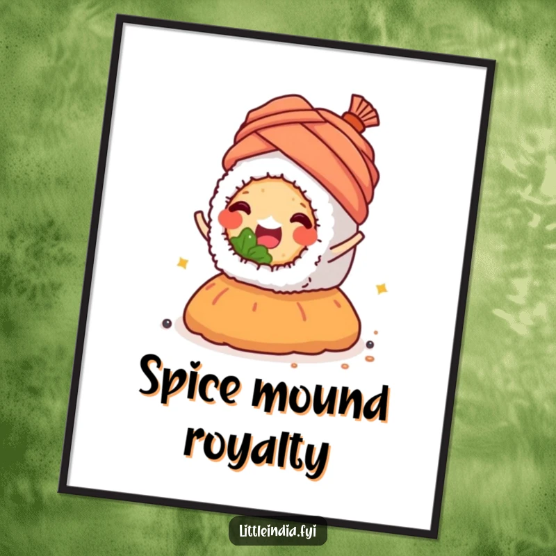 Happy sushi roll wearing a tiny turban joyfully riding a colorful mound of spices, printed as wall art.