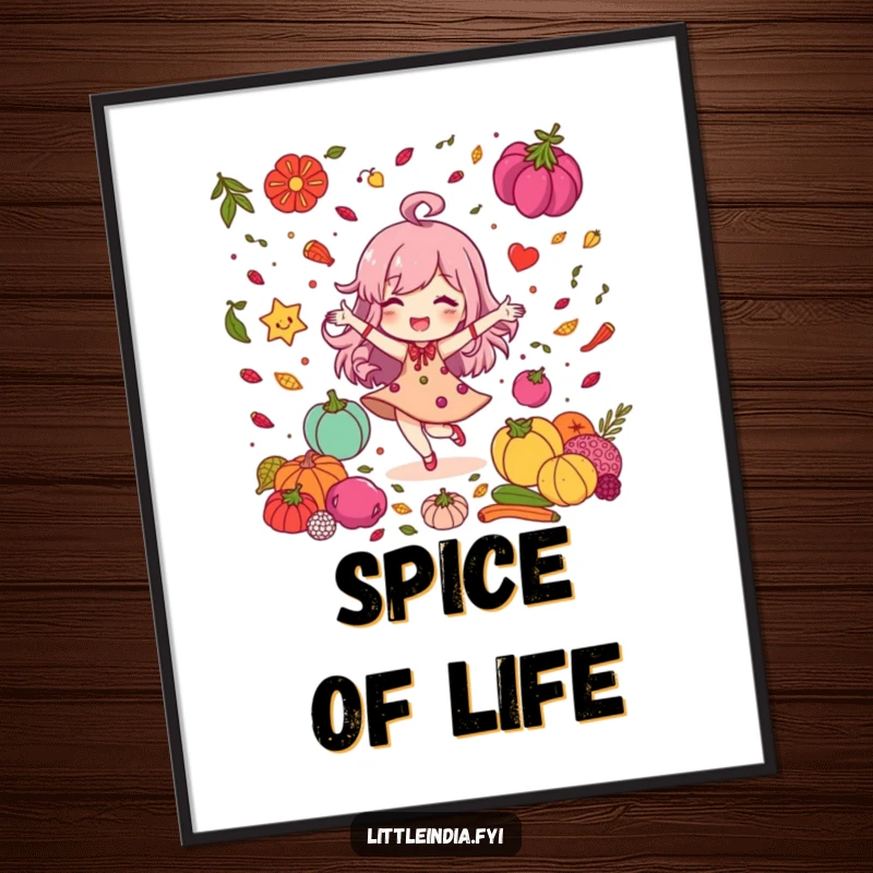 Funny Poster: Delighted character dancing energetically among a lively palette of colorful spices, creating a vibrant visual.