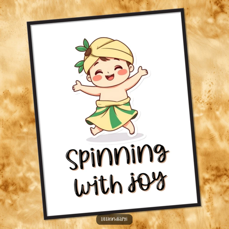 Funny poster capturing a joyful sarong-wearing character mid-twirl, exuding an aura of pure, uninhibited happiness.