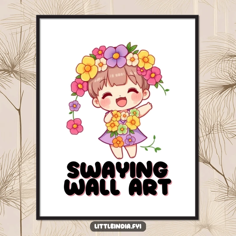 Funny wall poster of a character wearing a vibrant flower garland, swaying peacefully, radiating pure joy and natural beauty.