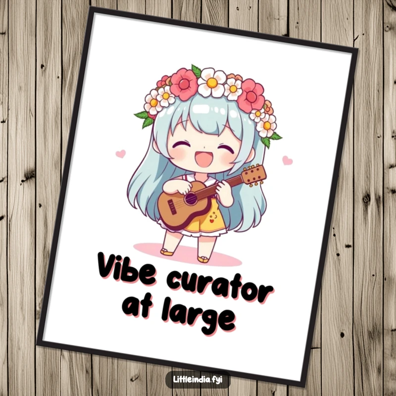 Funny Poster: A delighted character wearing a flower garland plays a lively beat, bringing vibrant musical joy to any room.