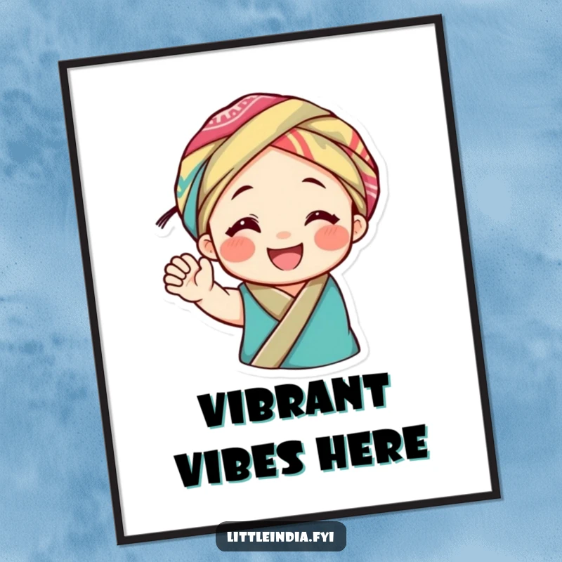 Funny poster depicting a smiling character in a colorful headwrap, waving joyfully with a bright and cheerful artistic expression.
