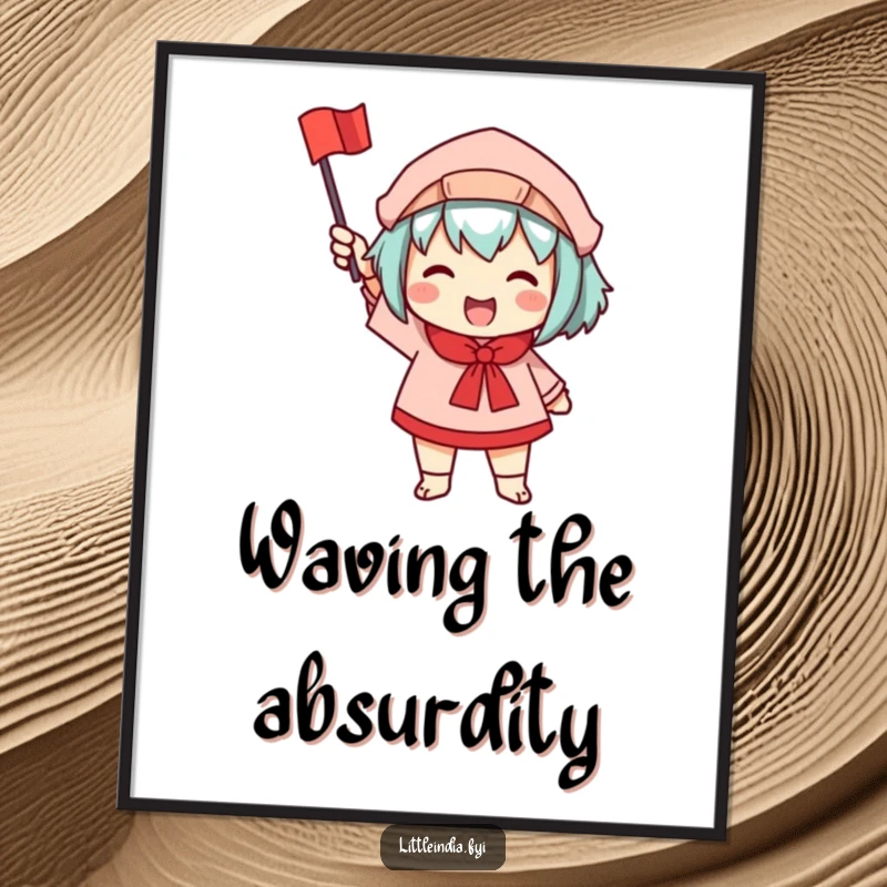 Funny poster depicting a character enthusiastically waving a small, colorful flag, a symbol of joy and celebration.