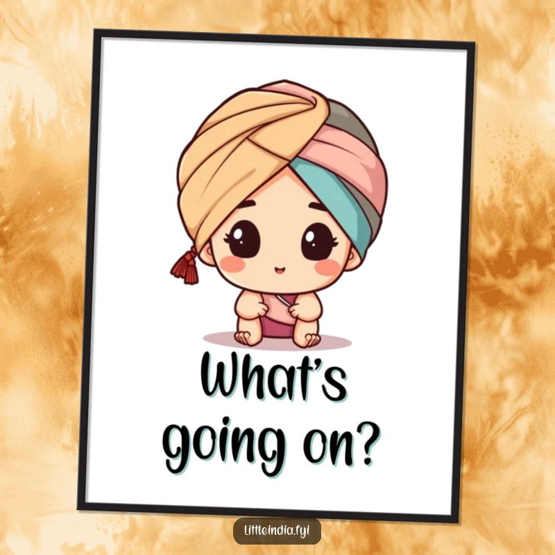 Funny poster artwork of a character peeking from behind a turban, creating a sense of playful mystery and intrigue, a humorous statement piece.