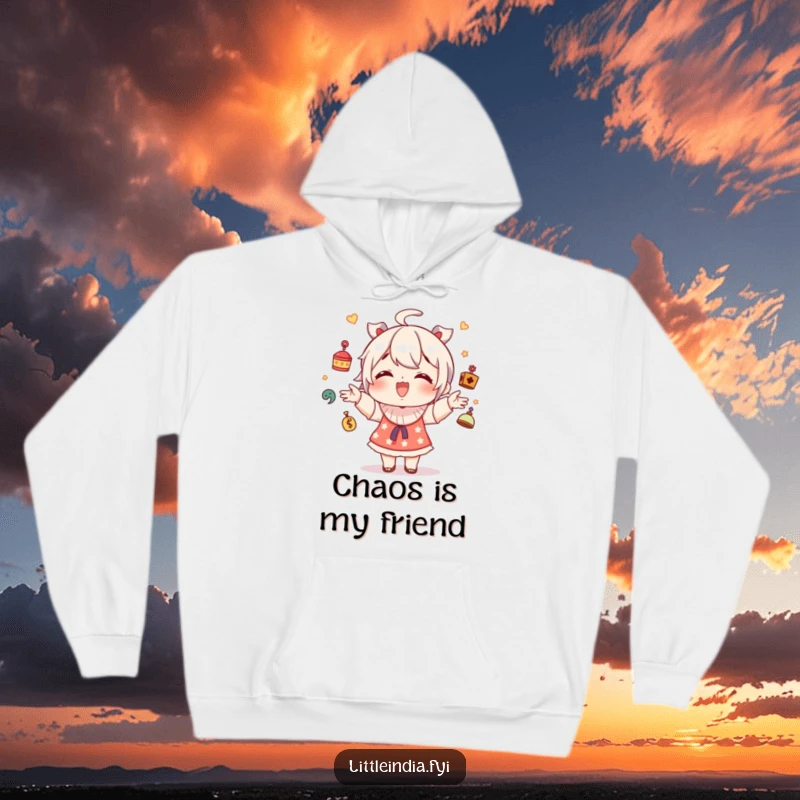 Funny hoodie with a giggling character juggling small decorative trinkets, offering warmth and a humorous design.