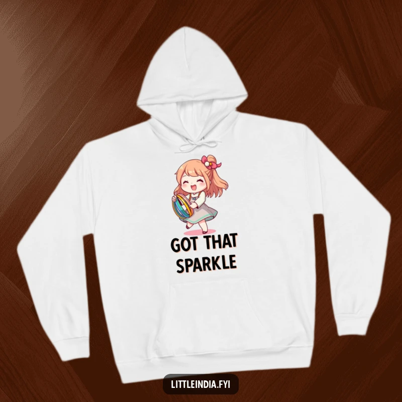Funny hoodie with a happy character twirling while holding colorful bangles, offering warmth and playful humor.