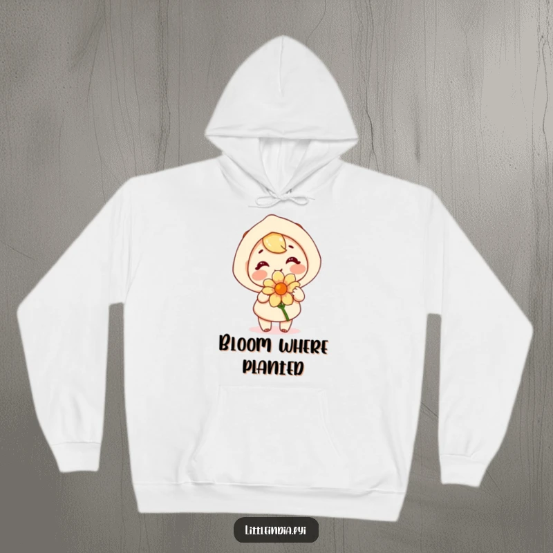 Funny hoodie with a happy character joyfully offering a fragrant flower, providing warmth and a message of kindness.