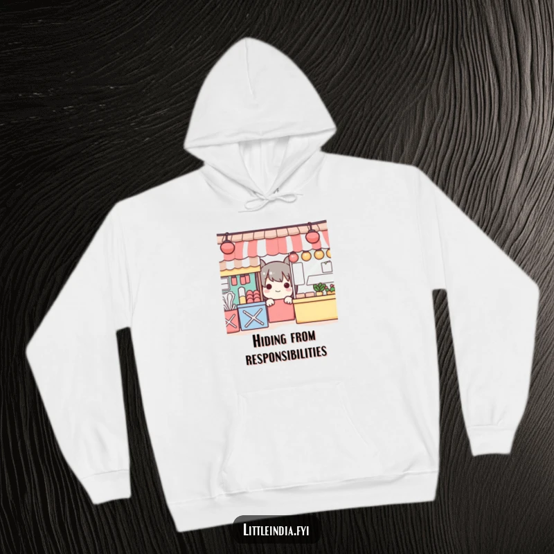 Funny hoodie featuring a playful character peeking from behind colorful market stalls, offering warmth and a touch of mischief.
