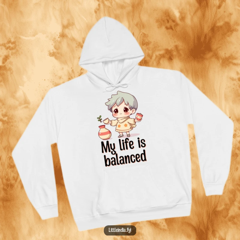 Funny Hoodie: A curious character masterfully juggling small, decorative pottery items, offering warmth and style.