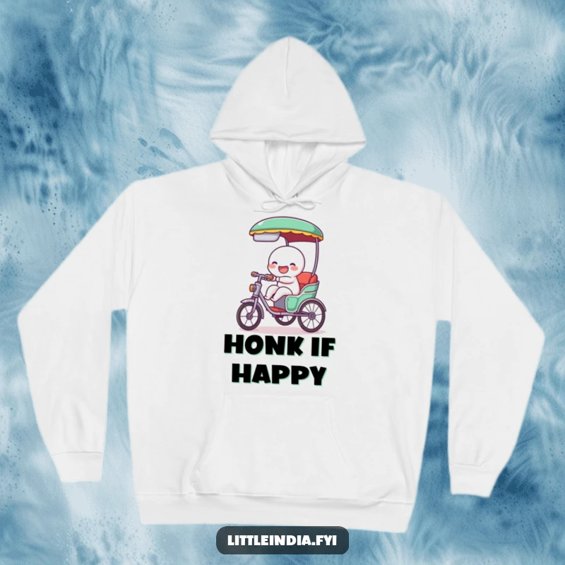 Funny hoodie featuring a giggling rickshaw character cheerfully tooting with joy, offering cozy comfort and a playful sense of radiating happiness.