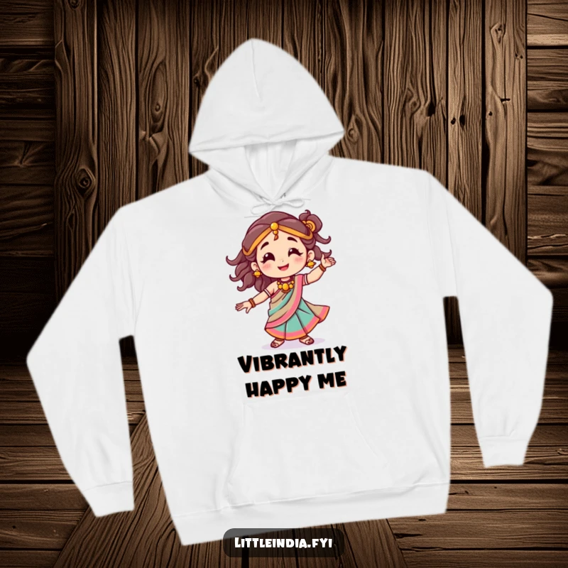 Funny hoodie featuring a smiling character in a colorful sari, dancing joyfully, offering warmth and cheer.