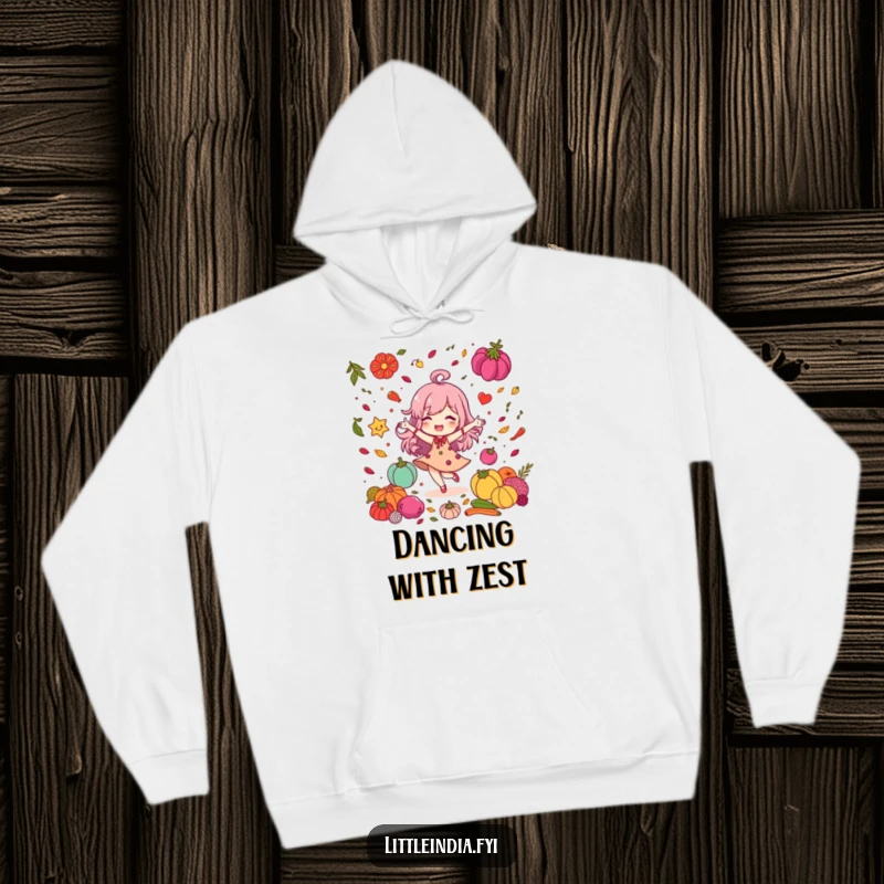 Funny Hoodie: Delighted character dancing amidst colorful spices, offering warmth and a burst of vibrant, joyful energy.