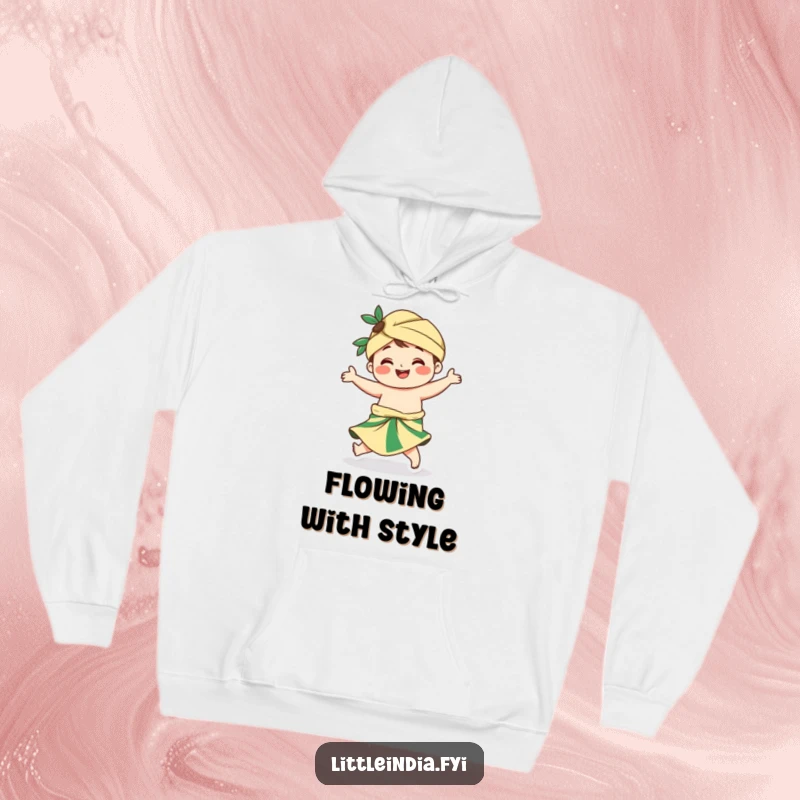 Funny hoodie featuring a smiling character in a flowing sarong, elegantly twirling with an infectious sense of fun.