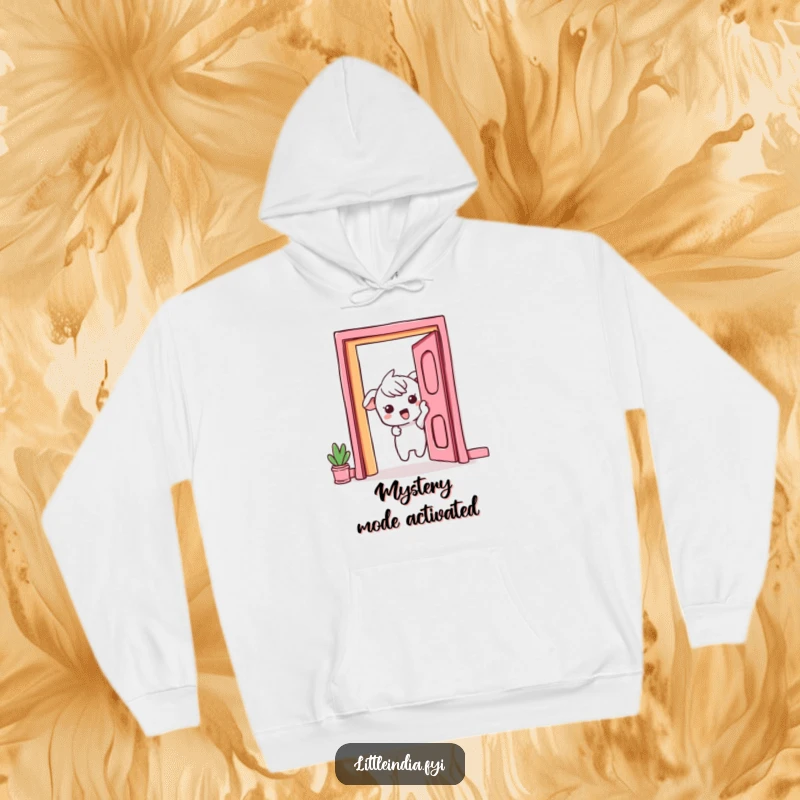 Funny Hoodie: A curious character with wide eyes peeks excitedly from behind a vividly colorful doorway, ready for adventure.