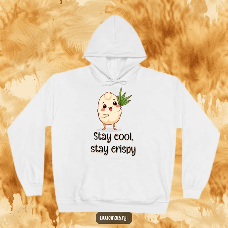 Funny Curry Puff Hoodie with a curry puff on tiny legs fanning itself with a palm frond.