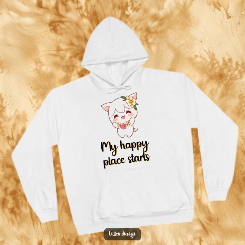 Funny Hoodie: Adorable cheerful character in a flower garland performs a playful bow, offering comfort and a touch of lighthearted fun. Excellent funny gift.