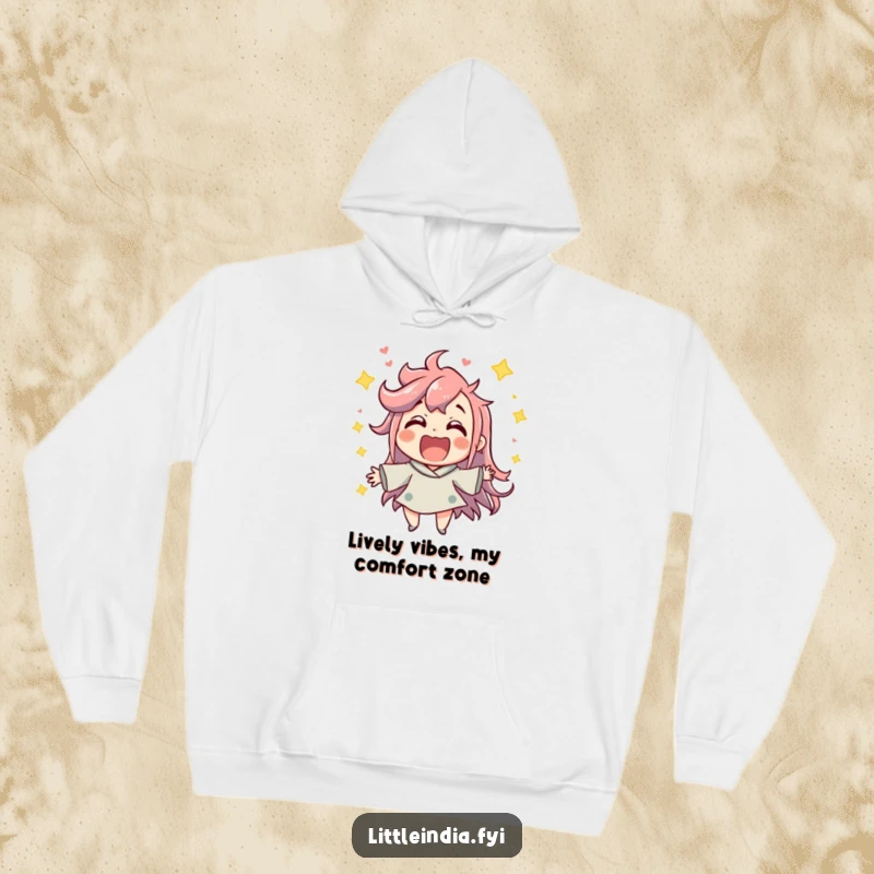Funny Lively Hoodie: Features a jubilant character enjoying a lively atmosphere with palpable excitement, perfect for cozy fun.