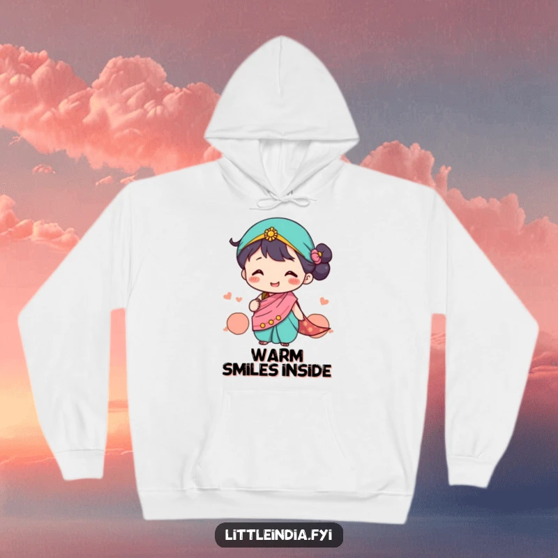 Funny Hoodie depicting a cute character in a tiny sari happily exchanging smiles, cozy and culturally inspired, a perfect funny gift.