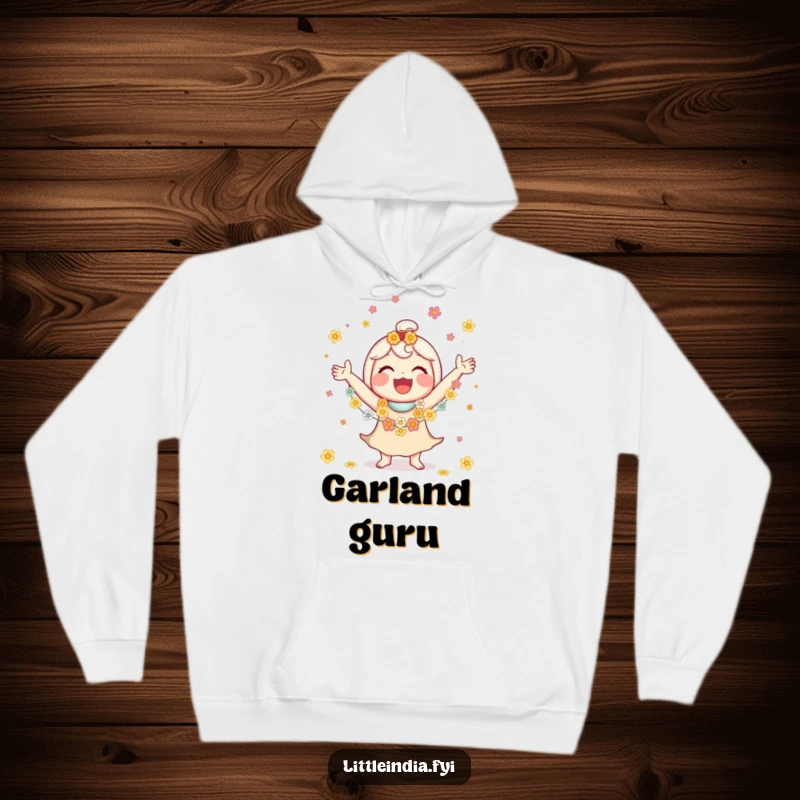 Funny hoodie featuring a jubilant character energetically juggling small flower garlands with a radiant, big smile.