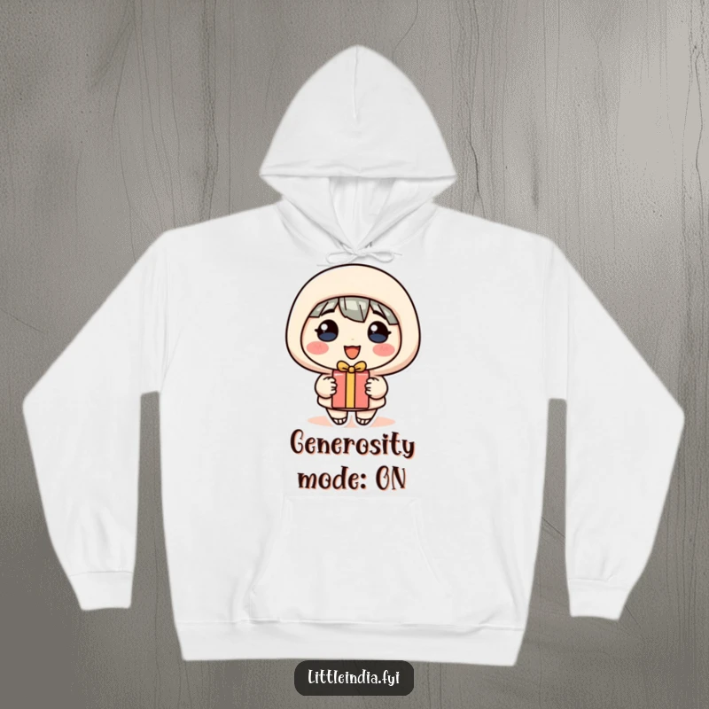 Funny Hoodie: A happy character beaming with generosity offers a small, delightful gift, radiating warmth.