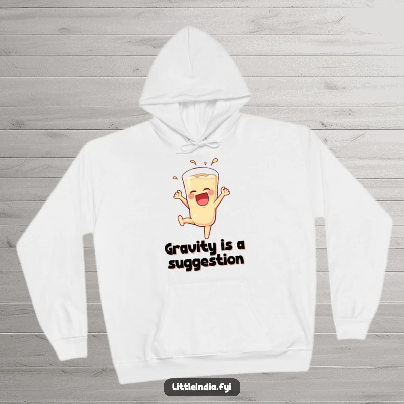Funny Teh Tarik Hoodie showing a laughing glass performing a playful somersault, radiating warmth and humorous energy.
