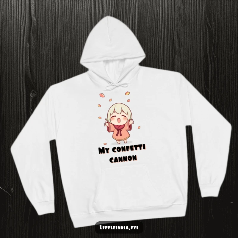 Funny Hoodie: Excited character joyfully scatters small petals in the air, creating a vibrant scene of happiness. Excellent funny gift for warmth and cheer.
