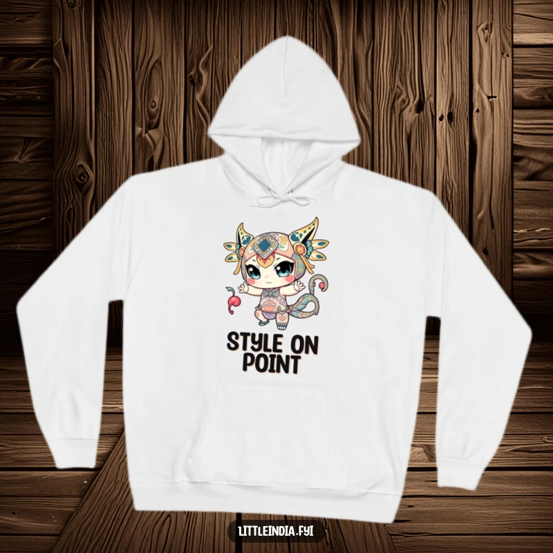 Funny hoodie showcasing a character in an athletic, dynamic pose, intricately adorned with captivating patterns.