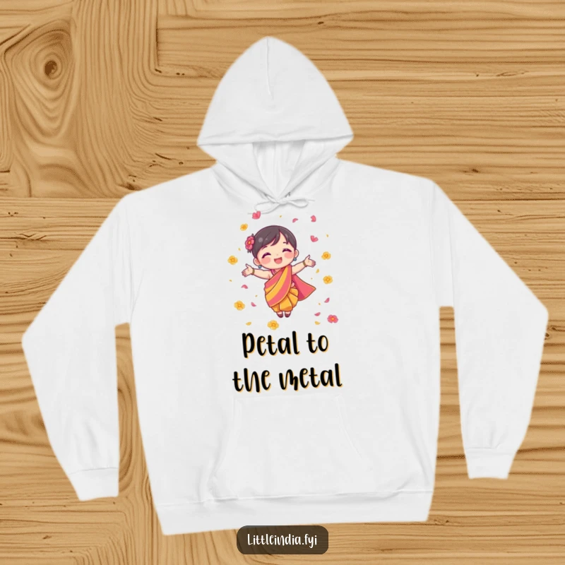 Funny Hoodie featuring a character in a colorful sari, joyfully scattering flower petals, perfect for festive comfort.