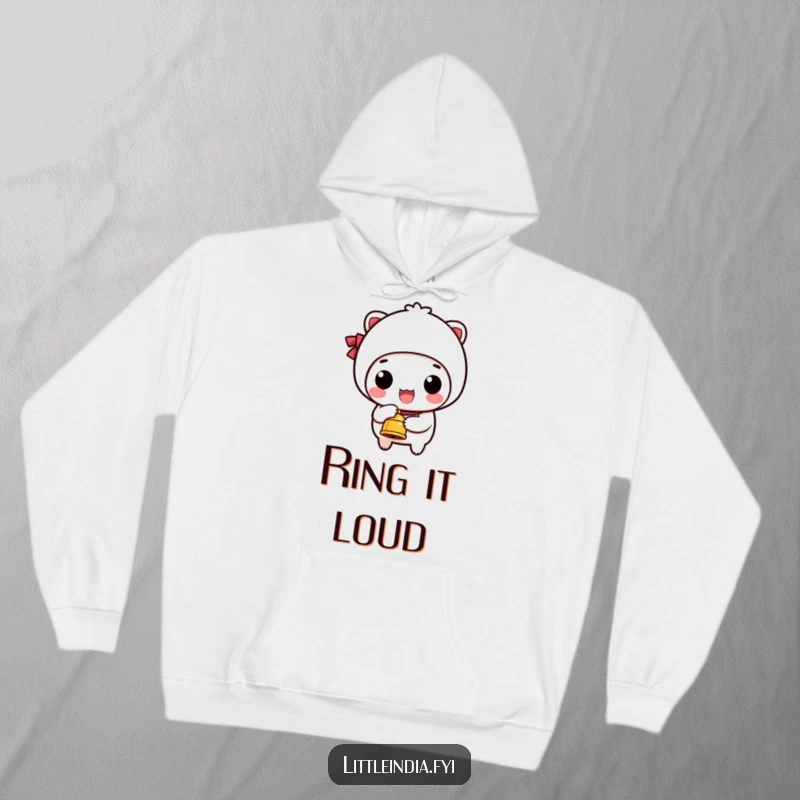 Funny hoodie showcasing a happy character ringing a small bell, offering warmth and a humorous sense of delight.