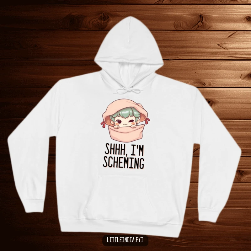 Funny Hoodie featuring a mischievous character peeking from a colorful market stall, offering cozy and humorous vibes.