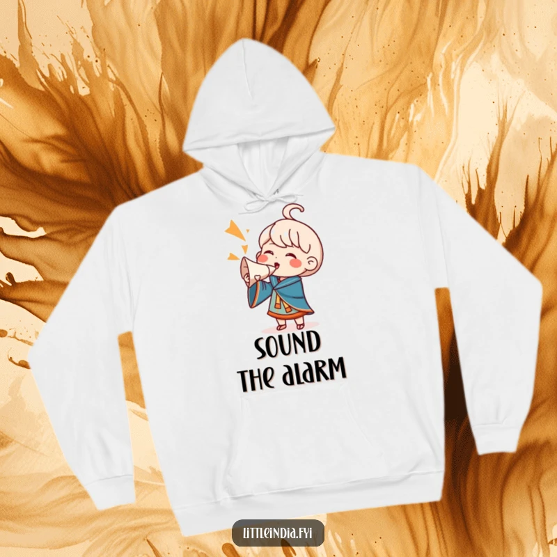 Funny Hoodie: A character bellows a celebratory sound through a conch shell, radiating infectious energy and cheerful excitement.
