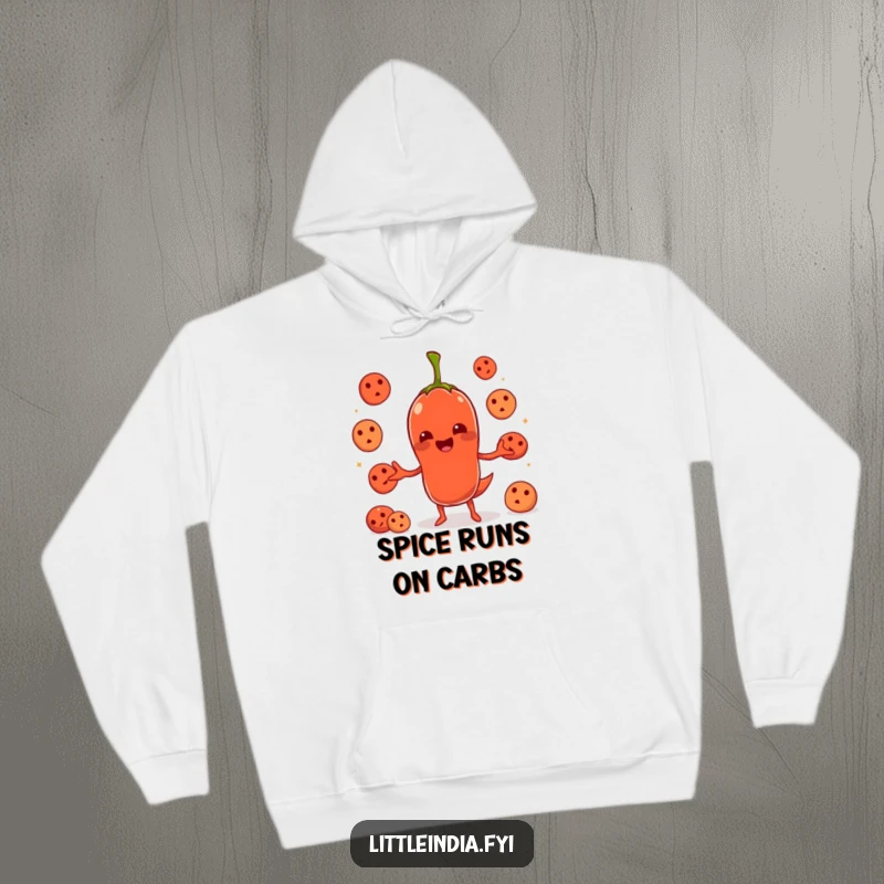 Funny chili pepper character comically juggling idlis, looking flustered, printed on a soft, warm hoodie.
