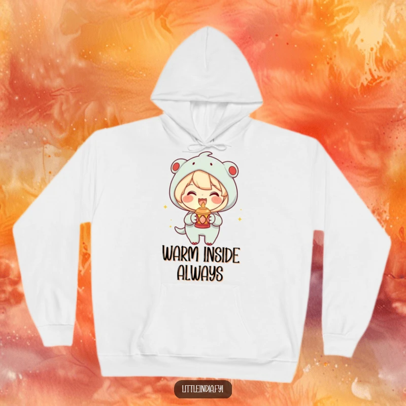 Funny Hoodie depicting a joyous character holding a small decorative lamp with a warm glow, cozy and illuminating, a perfect funny gift.