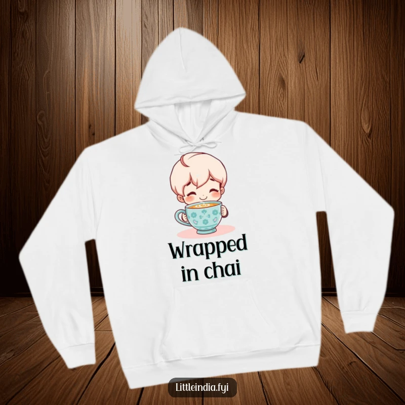Funny Hoodie: Smiling character enjoying a steaming cup of chai, offering supreme comfort and warm, cheerful vibes.
