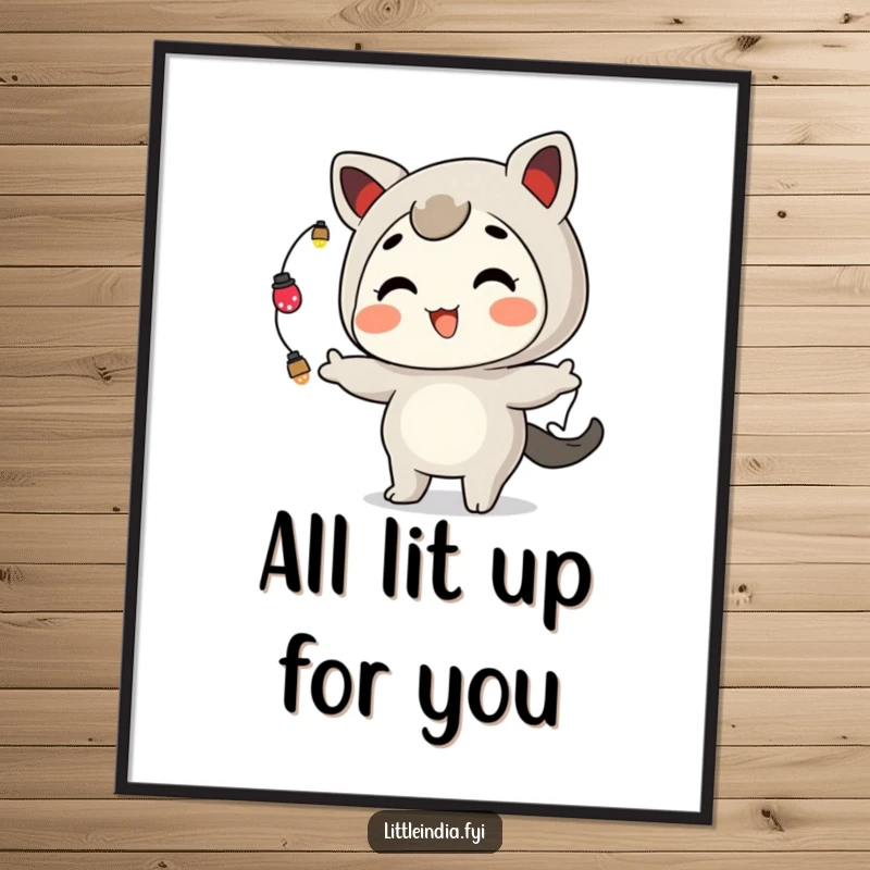 Funny Free Printable Wall Art: A playful character gleefully juggles small, glowing ornamental lights.