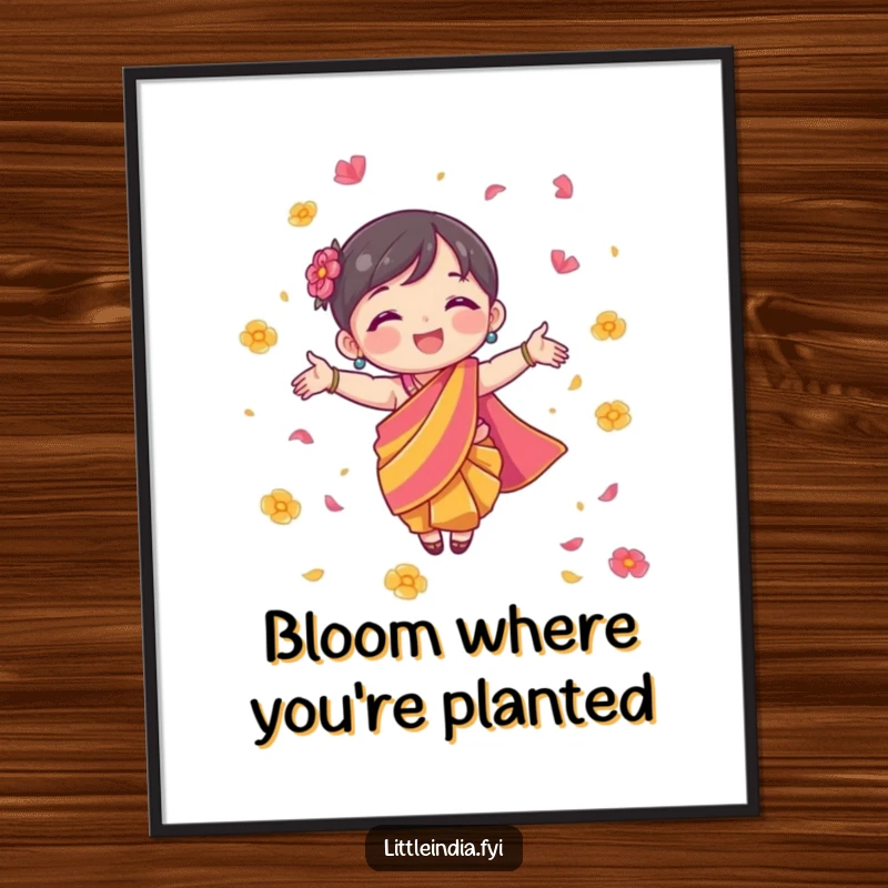 Funny free printable wall art of a character in a colourful sari joyfully scattering a cascade of flower petals.