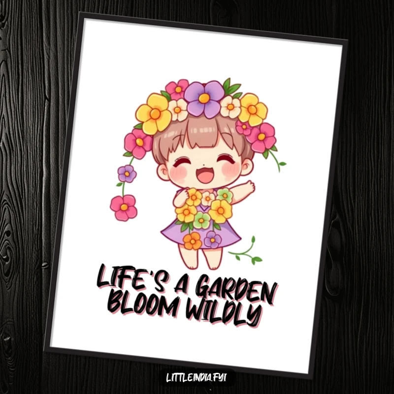 Funny Free Printable Wall Art: Vibrant flower garland character swaying happily, cheerful and decorative art.