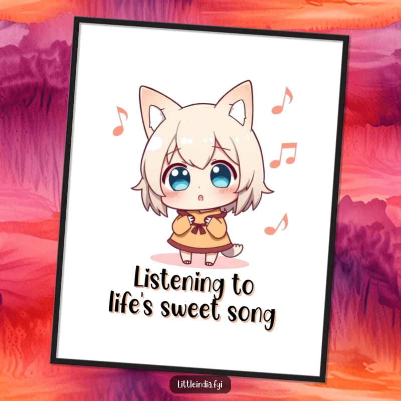 Funny Free Printable Wall Art: a surprised character listening intently to distant music, evoking mystery and charm.