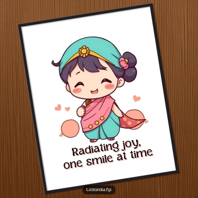 Funny Free Printable Wall Art: A cute character wearing a tiny sari, happily exchanging warm, inviting smiles.