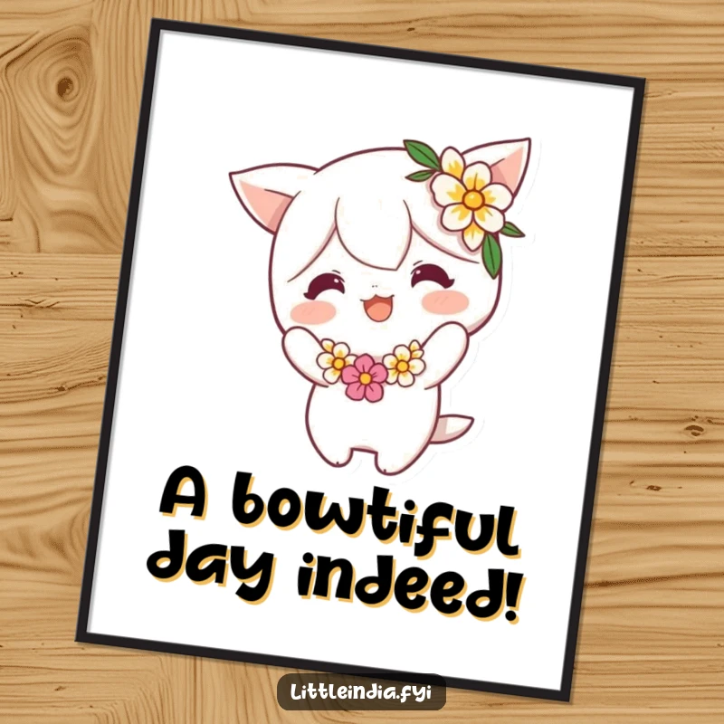 Funny Free Printable Wall Art depicting a cheerful character with a flower garland, performing a comical and graceful bow, adding joy to any room.