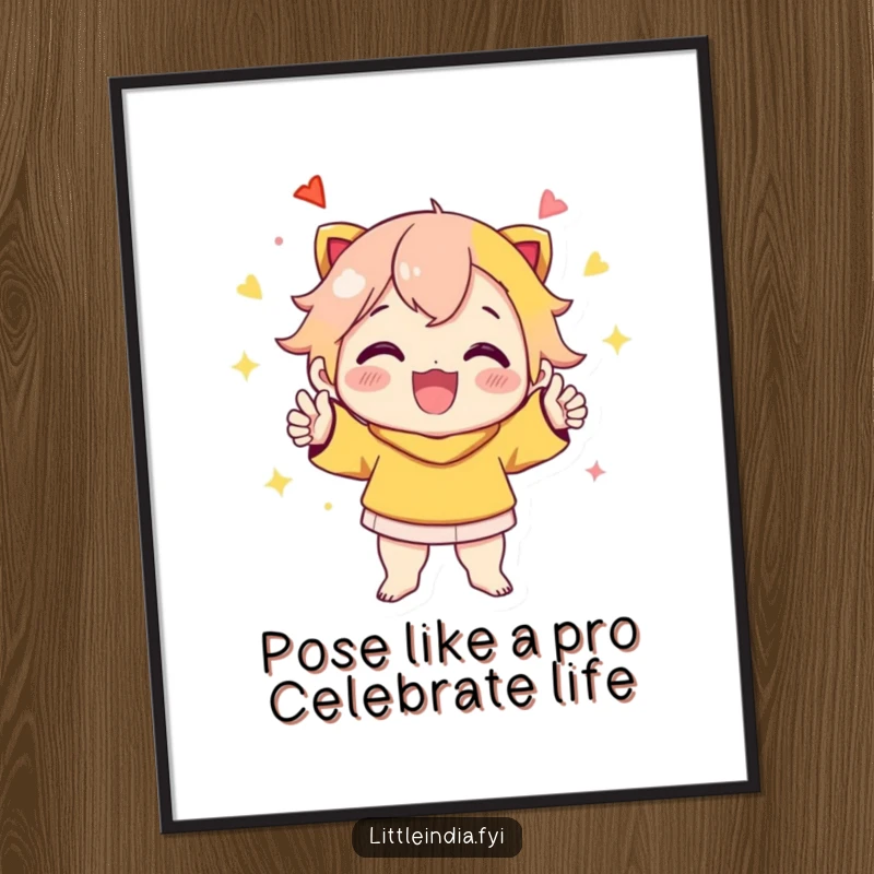 Funny Free Printable Wall Art: Cheerful character striking a vibrant, celebratory pose, full of life and humor, downloadable.