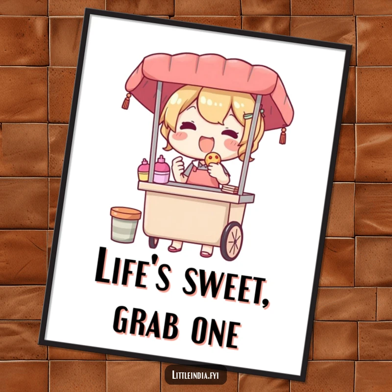 Funny Free Printable Wall Art: A delighted street vendor smiling, offering a delectable treat.