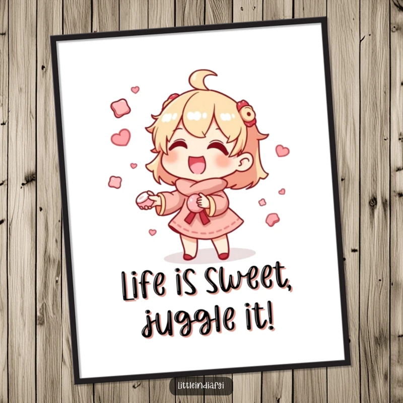 Funny Free Printable Wall Art depicting a character with a joyful expression, skillfully juggling many tiny sweets, creating a whimsical and humorous display.