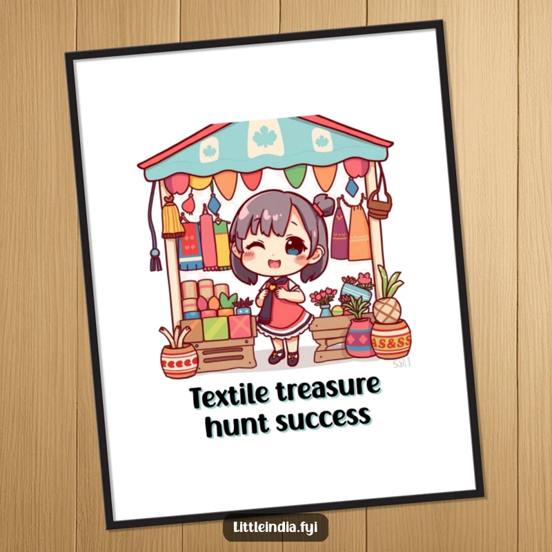 Funny Free Printable Wall Art: A character delightedly decorating a market stall with a showcase of colorful textiles.