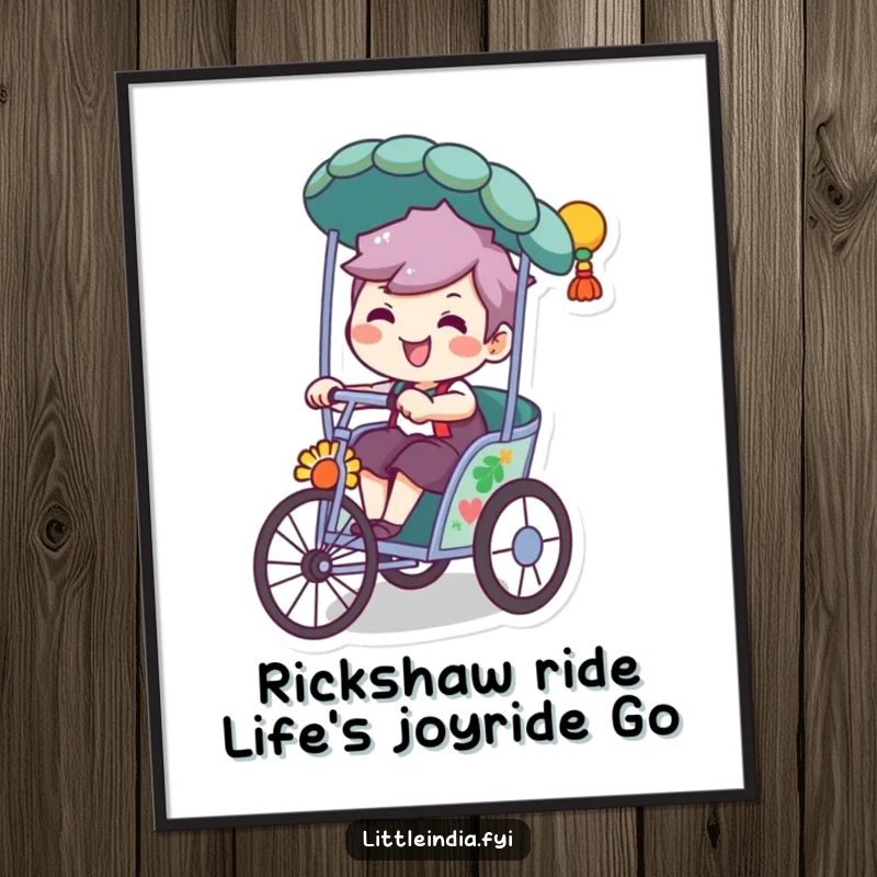 Funny Free Printable Wall Art: A character beaming with a playful grin while steering a brightly decorated rickshaw, full of life.