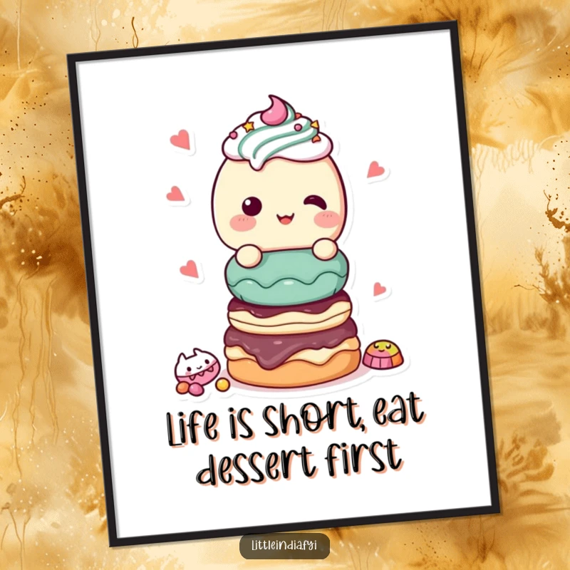 Funny Free Printable Wall Art: A giggling character presents an inviting stack of various delicious-looking sweet treats.