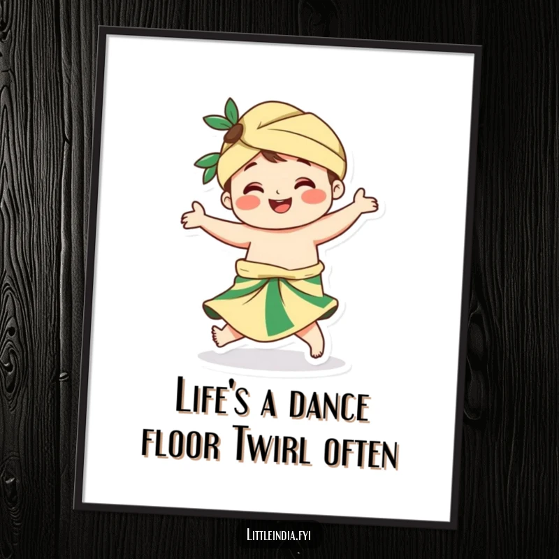 Fun Free Printable Wall Art: Smiling sarong character in a dynamic twirl, evoking happiness and motion.