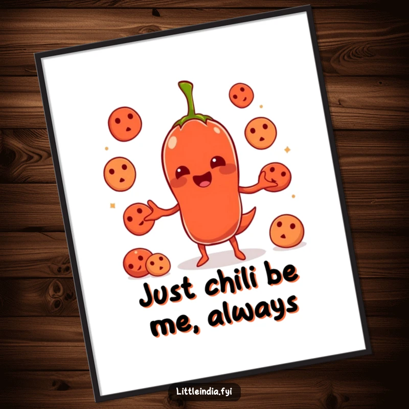 Funny Free Printable Wall Art: Chili pepper character humorously juggling multiple idlis, vibrant and quirky downloadable art.